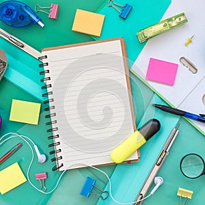 Set of office object tools. Office desk background with set of office stationery. View from above with copy space