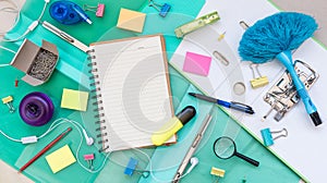 Set of office object tools. Office desk background with set of office stationery. View from above with copy space