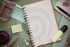 Set of office object tools. Office desk background with set of office stationery. View from above with copy space