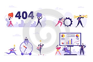 Set of Office Situations, 404 Error, Internet Connection Interruption, Technical Support Characters with Huge Wrench