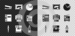 Set Office stapler, Certificate template, Pie chart infographic, Push pin, Coffee machine, Fountain pen nib, folders and