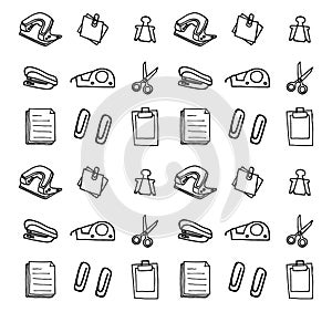 Set of office stationery isolated on white background. clip, paperclip, memo, pile of paper, document, scissor. hand drawn vector.