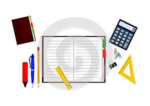 Set of office items: notebook with pen and pencil, calculator and rulers