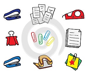 Set of office stationery on white background. paper clip, pile of paper, note, letter, clip, masking tape, paper hole. hand drawn
