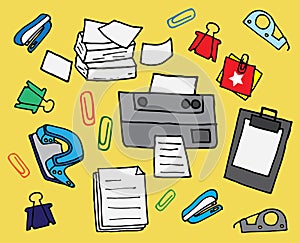 Set of office stationery on yellow background. printer, clip, paperclip, masking tape, paper, pile of paper, document. hand drawn