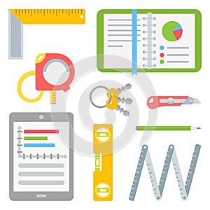 Set of office supplies and construction tools.