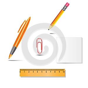 Set of office tools, pen, pencil, paper clip, ruler, paper on white background with shadows