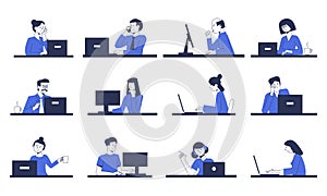 Set of office workers working at computers.