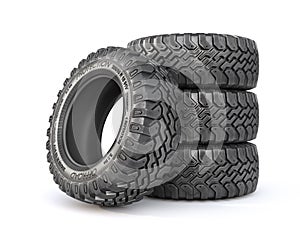 Set of Offroad tires on a white background.