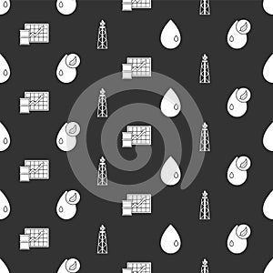 Set Oil drop, Bio fuel, Oil price increase and Oil rig with fire on seamless pattern. Vector