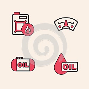 Set Oil drop, Canister for motor oil, Motor gas gauge and tank storage icon. Vector