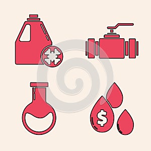 Set Oil drop with dollar symbol, Antifreeze canister, Industry metallic pipes and valve and Test tube and flask icon