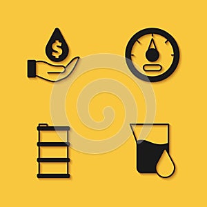Set Oil drop with dollar symbol, petrol test tube, Barrel oil and Motor gas gauge icon with long shadow. Vector