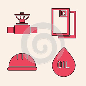 Set Oil drop, Industry pipe and valve, Barrel oil and Worker safety helmet icon. Vector