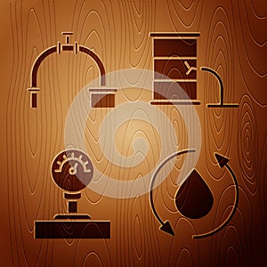 Set Oil drop, Industry pipe and valve, Gauge scale and Barrel oil leak on wooden background. Vector