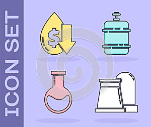 Set Oil and gas industrial factory building, Drop in crude oil price, Test tube and flask and Propane gas tank icon