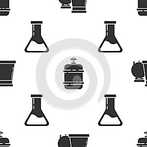 Set Oil and gas industrial factory building, Propane gas tank and Test tube and flask on seamless pattern. Vector