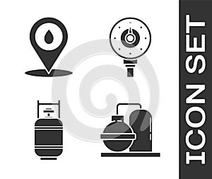 Set Oil and gas industrial factory building, Refill petrol fuel location, Propane gas tank and Motor gas gauge icon