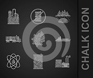 Set Oil industrial factory building, Barrel oil, tanker ship, Atom, Tanker truck, Oilfield and icon. Vector