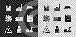 Set Oil industrial factory building, Speedometer, drop with recycle, petrol test tube, and icon. Vector