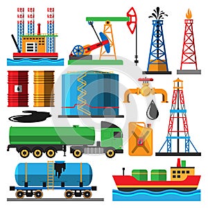 Set of oil industry production transportation extracting cartoon icons illustration. Energy processing platform