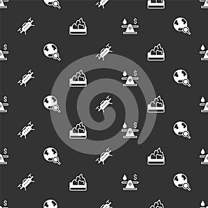 Set Oil money, Magnifying glass with globe, Drone and Ore mining on seamless pattern. Vector