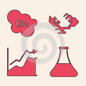 Set Oil petrol test tube, CO2 emissions in cloud, Wrecked oil tanker ship and Oil price increase icon. Vector