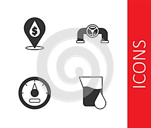 Set Oil petrol test tube, drop with dollar symbol, Motor gas gauge and pipe valve icon. Vector