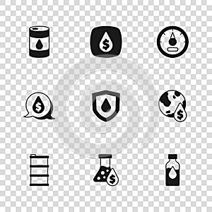 Set Oil petrol test tube, drop with dollar symbol, on shield, Motor gas gauge, Barrel oil, and icon. Vector