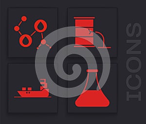 Set Oil petrol test tube, Molecule oil, Barrel oil leak and Oil tanker ship icon. Vector