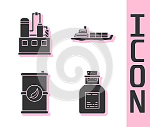 Set Oil petrol test tube, Oil industrial factory building, Bio fuel barrel and Oil tanker ship icon. Vector