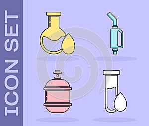 Set Oil petrol test tube, Oil petrol test tube, Propane gas tank and Gasoline pump nozzle icon. Vector