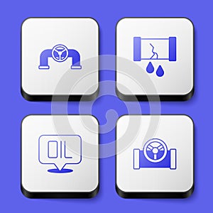 Set Oil pipe with valve, Broken oil, Word and icon. White square button. Vector