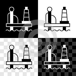 Set Oil platform in the sea icon isolated on black and white, transparent background. Drilling rig at sea. Oil platform