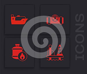 Set Oil platform in the sea, tanker ship, Metallic pipes and valve and Propane gas icon. Vector