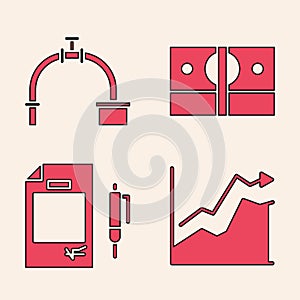 Set Oil price increase, Industry pipe and valve, Stacks paper money cash and Contract money and pen icon. Vector