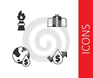 Set Oil price increase, rig with fire, drop dollar symbol and tank storage icon. Vector