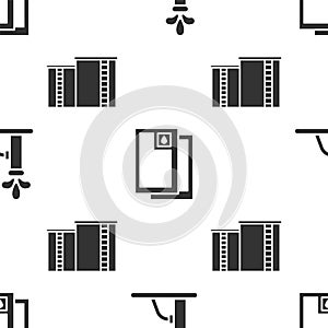 Set Oil pump or pump jack, Barrel oil and Oil industrial factory building on seamless pattern. Vector