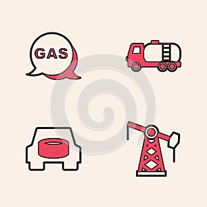 Set Oil pump or pump jack, Location and gas station, Tanker truck and Spare wheel in the car icon. Vector