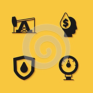 Set Oil pump or pump jack, Motor gas gauge, drop on shield and with dollar symbol icon with long shadow. Vector