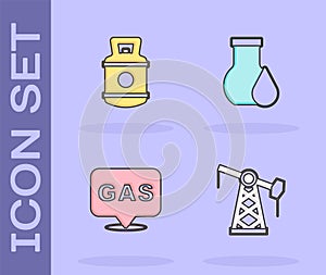 Set Oil pump or pump jack, Propane gas tank, Location and station and petrol test tube icon. Vector