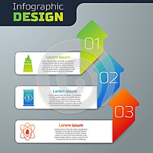 Set Oil rig with fire, Barrel oil with dollar and Atom. Business infographic template. Vector