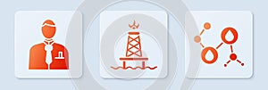 Set Oil rig with fire, Businessman or stock market trader and Molecule oil. White square button. Vector