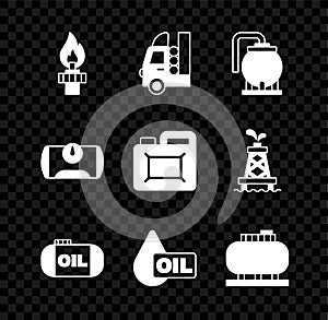Set Oil rig with fire, Gas tank for vehicle, storage, drop, and Canister motor oil icon. Vector