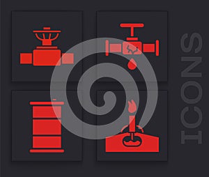 Set Oil rig with fire, Industry pipe and valve, Broken pipe with leaking water and Barrel oil icon. Vector