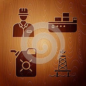 Set Oil rig with fire, Oilman, Canister for motor oil and Oil tanker ship on wooden background. Vector