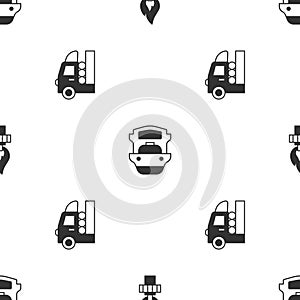 Set Oil rig with fire, tanker ship and Gas for vehicle on seamless pattern. Vector
