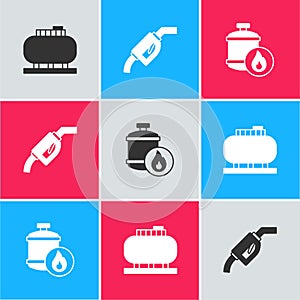 Set Oil tank storage, Gasoline pump nozzle and Propane gas icon. Vector