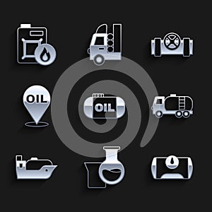 Set Oil tank storage, petrol test tube, Gas for vehicle, Tanker truck, tanker ship, Refill fuel location, Metallic pipes