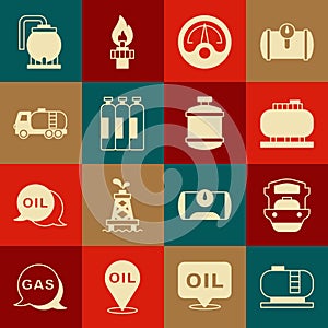 Set Oil tank storage, tanker ship, Motor gas gauge, Industrial cylinder, Tanker truck, and Propane icon. Vector